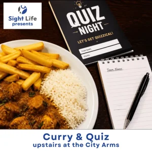 Curry and Quiz Night Poster - showing a plate of curry rice and chips and quiz note pad.