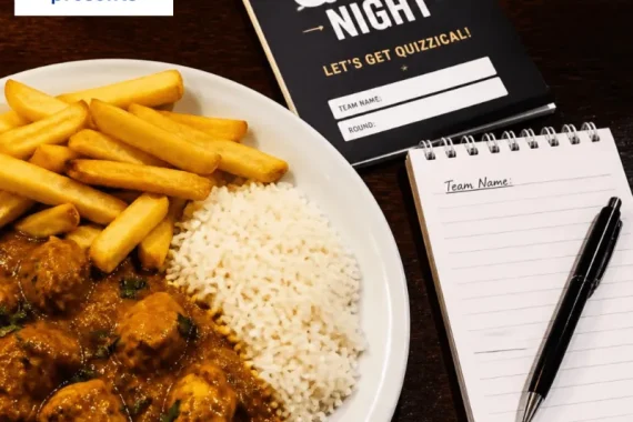 Curry and Quiz Night Poster - showing a plate of curry rice and chips and quiz note pad.
