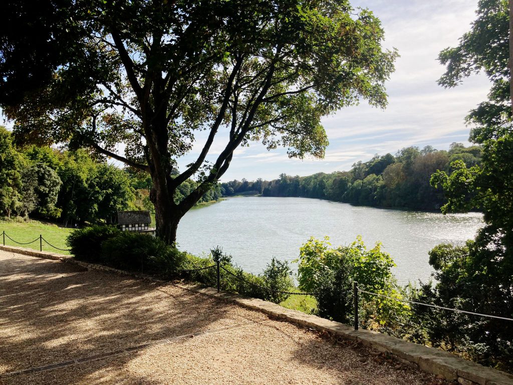 Senedd Photography Exhibition image: A summers day landscape image on Blenheim Palace Lake. There's a path running across the foreground with a big tree on the left of the frame, leading down to the lake. There's a small boathouse to the left of tree, on the lakeside, in the middle distance and there's lots of trees and woodland lining both sides of the lake as it disappears into the distance.