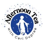 Blue Circle Logo with a white silhouette of Ceri in a glamorous dress. Around the top of the circle is some stars and the words 'Afternoon Tea' while curved underneath the logo, it says: 'with Ceri Dupree'.