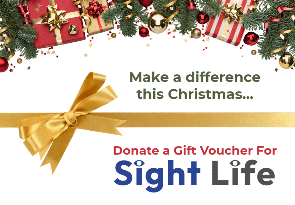 Festive graphic featuring Christmas presents, baubles, greenery and gold ribbons on a white background. Text reads: “Make a difference this Christmas… Donate a Gift Voucher for Sight Life”, encouraging donations to support the charity’s Christmas fundraising raffle.