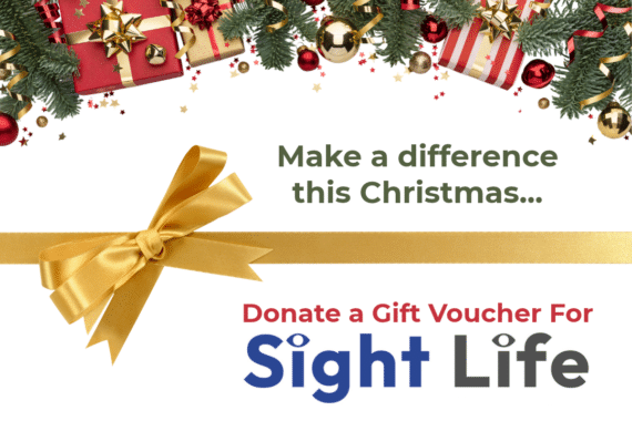 Festive graphic featuring Christmas presents, baubles, greenery and gold ribbons on a white background. Text reads: “Make a difference this Christmas… Donate a Gift Voucher for Sight Life”, encouraging donations to support the charity’s Christmas fundraising raffle.