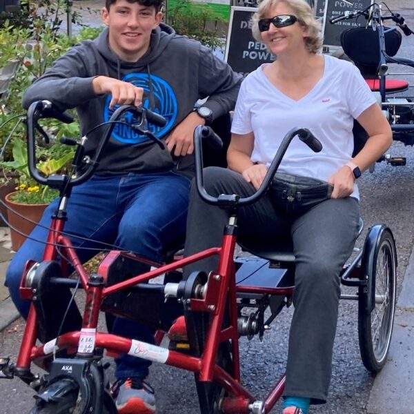 IMG_1184 Volunteer Joe Harvey and member Jane McCann on a side by side bike at Pedal Power