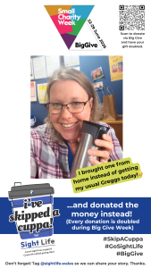 Skip a cuppa instagram template - this is an example of how the template can be used as it shows a photo of a lady holding a thermal mug and it says 'I brought my own into work today instead of buying a Greggs'.