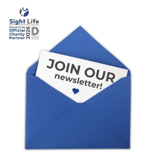 An open blue envelope icon with a letter peeping out that says 'Join Our Newsletter' and a blue heart underneath. The Sight Life logo is in the top left hand corner
