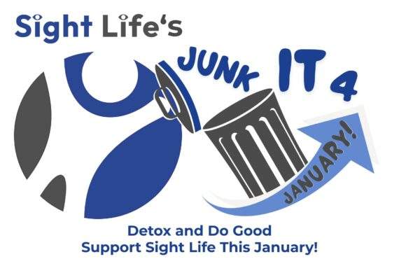 Sight Life's Junk It 4 January logo which is our Sight Life icon next to a dustbin and there is an curved upwards arrow under it. At the bottom it says: Detox and Do Good. Support Sight Life This January.