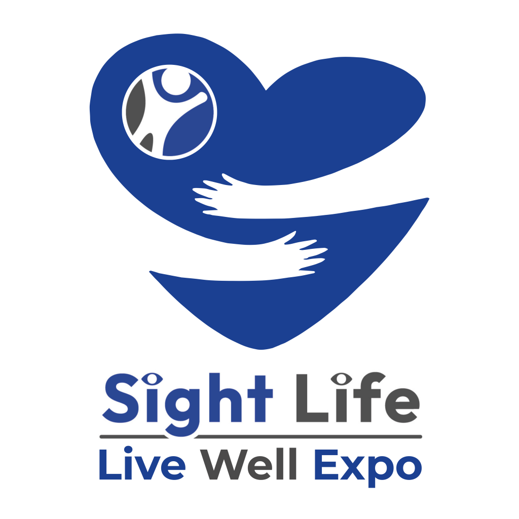 Sight Life Live Well Expo logo which is a blue heart with hands wrapped around it