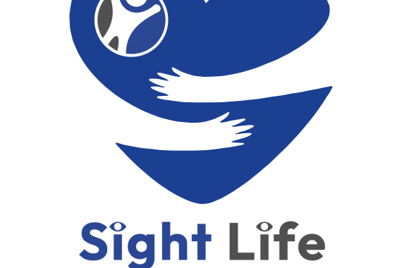 Sight Life Live Well Expo logo which is a blue heart with hands wrapped around it