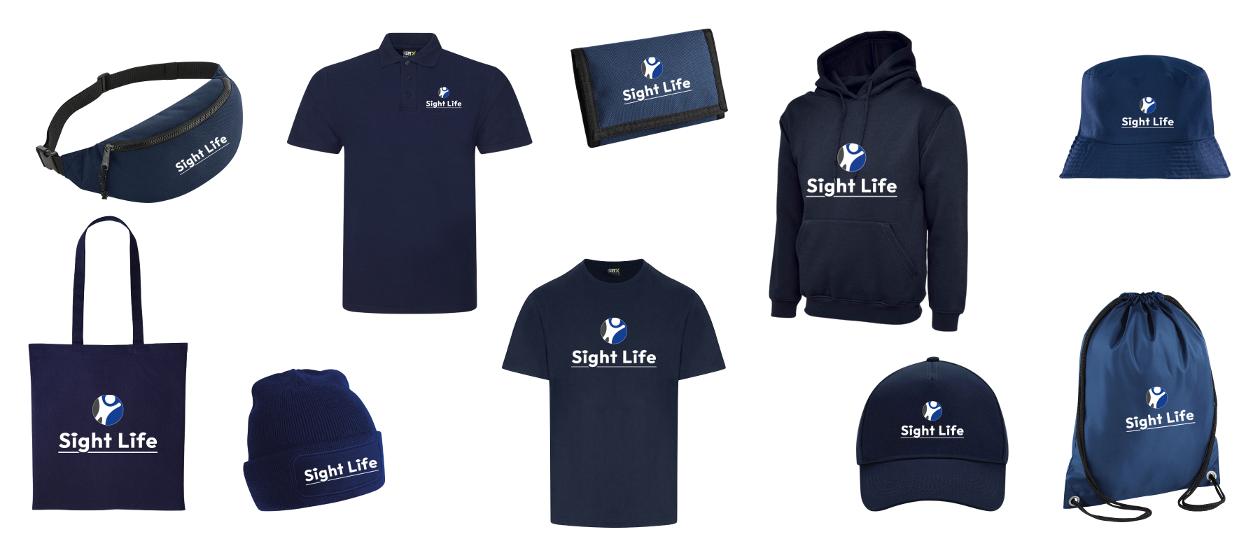 Panoramic style banner showing a range of images of the branded Sight Life merchandise.