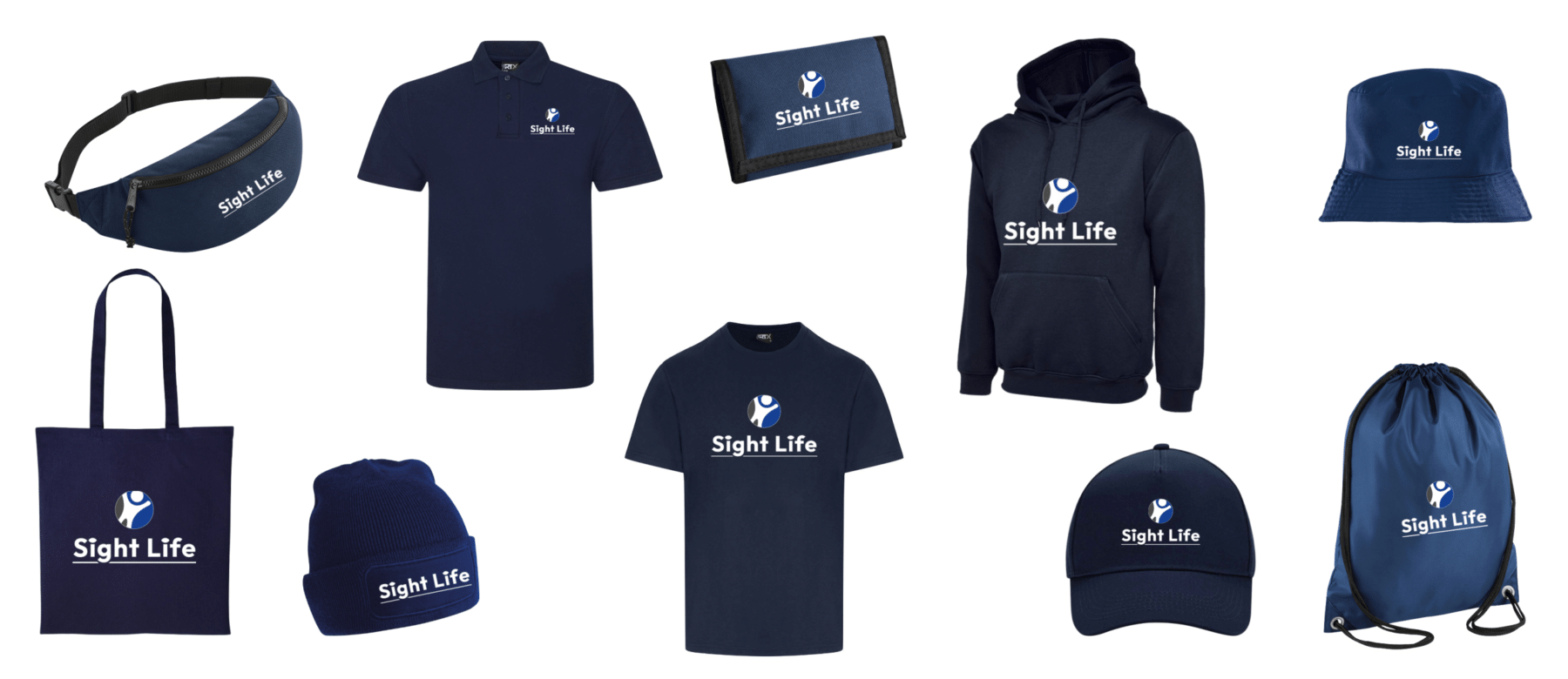 Panoramic style banner showing a range of images of the branded Sight Life merchandise.
