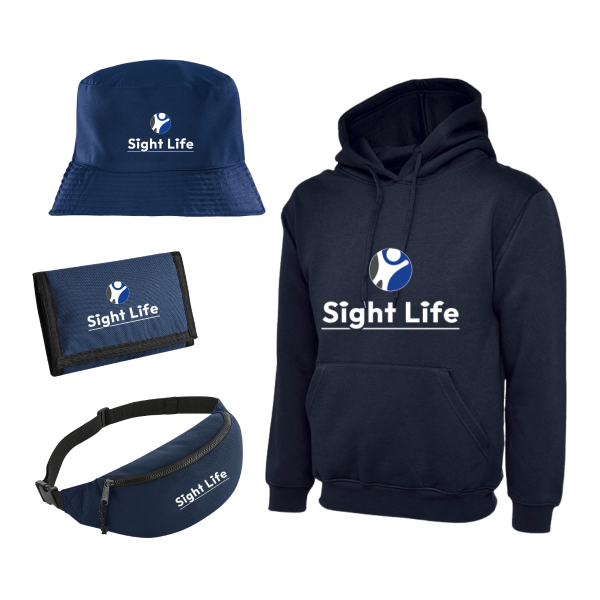 Square image showing a few items of the branded Sight Life merchandise.