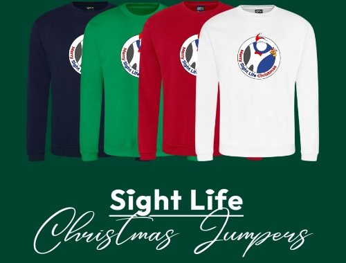 Four Sight Life Christmas jumpers stacked and offset. The back one is navy, then green, then red and white. All on a dark green background. Underneath it says Sight Life Christmas Jumpers.