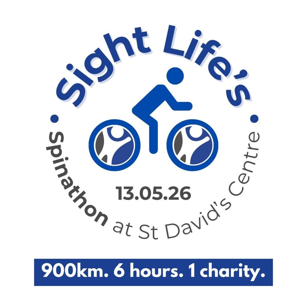 Round logo that has text curving around the outside saying: Sight Life's Spinathon at St David's Centre. In the middle is an icon of someone riding a bike and the wheels are the Sight Life icon. The date, 13.05.26 is under the bike. Under the logo is a slogan that says 900km. 6 hours. 1 charity.