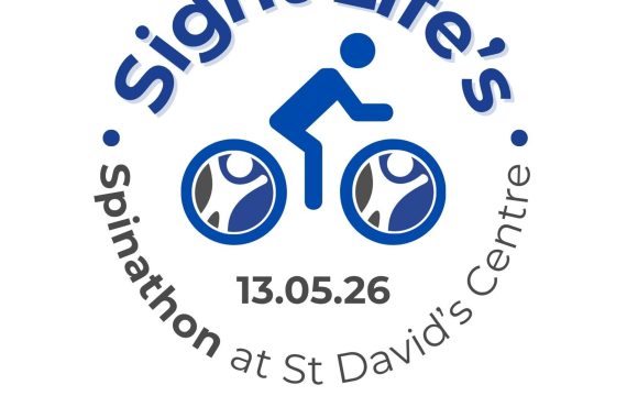 Round logo that has text curving around the outside saying: Sight Life's Spinathon at St David's Centre. In the middle is an icon of someone riding a bike and the wheels are the Sight Life icon. The date, 13.05.26 is under the bike. Under the logo is a slogan that says 900km. 6 hours. 1 charity.