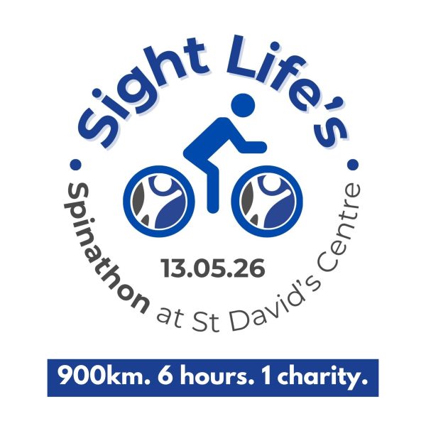 Round logo that has text curving around the outside saying: Sight Life's Spinathon at St David's Centre. In the middle is an icon of someone riding a bike and the wheels are the Sight Life icon. The date, 13.05.26 is under the bike. Under the logo is a slogan that says 900km. 6 hours. 1 charity.