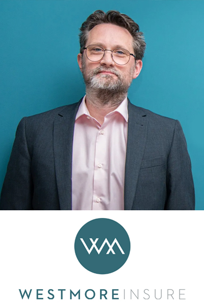 Square photo of Steve Western in a pale pink shirt and grey suit jacket smiling to camera. He's wearing glasses and has a beard. Beneath is the Westmore Insure logo on a white background.