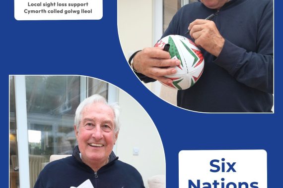 Blue background with Sight Life logo at the top and 'Six Nations Prize Draw' at the bottom. There are also two images of Sir Gareth Edwards signing a rugby shirt and ball.