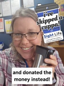 A photo of a lady holding a thermal mug up and smiling to camera. The 'I've skipped a cuppa for Sight Life' logo is in the top right hand corner and at the bottom it says "and donated the money instead!"