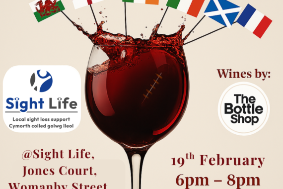Poster showing a glass of red wine with the national flags of the six nations rugby participants in the top. Around it is the information for the event, which is replicated in this post.