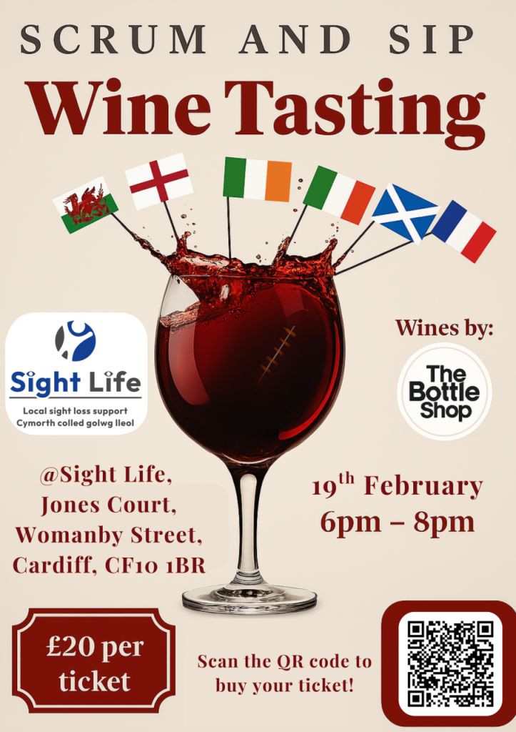 Poster showing a glass of red wine with the national flags of the six nations rugby participants in the top. Around it is the information for the event, which is replicated in this post.